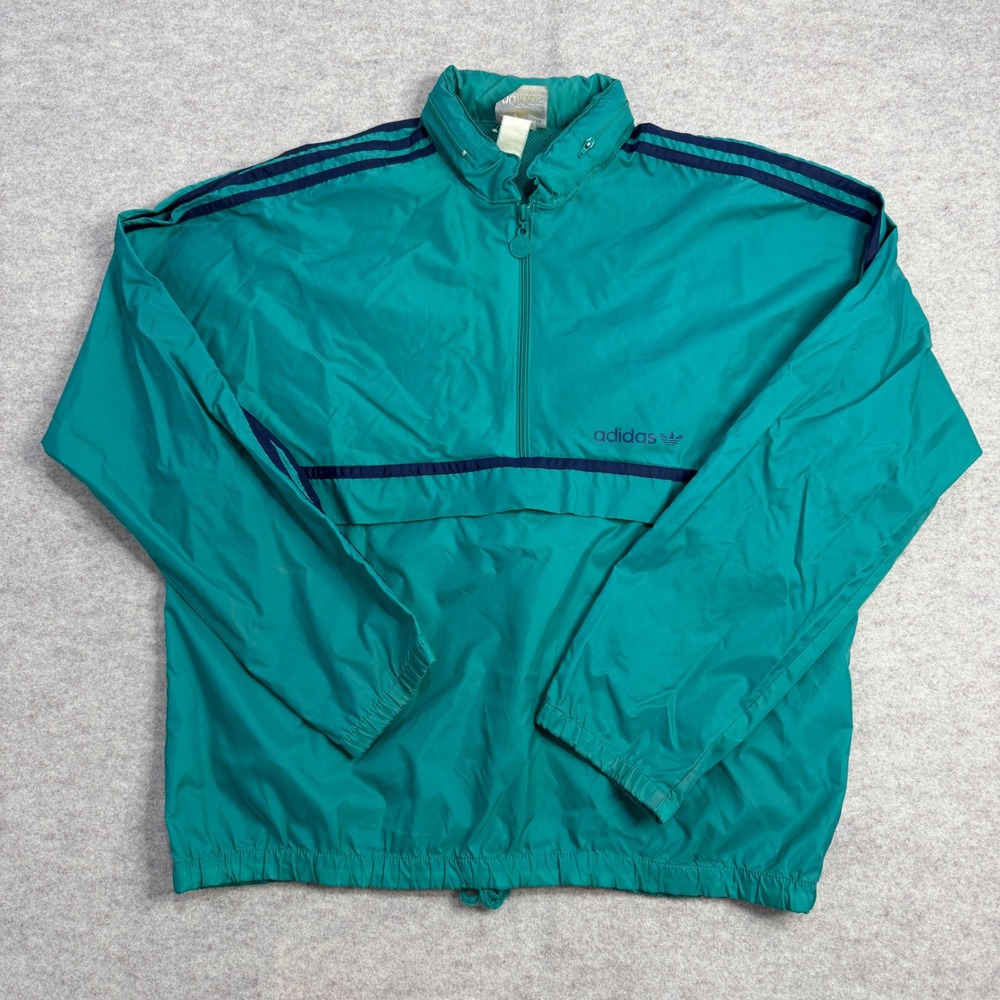 Vintage Adidas Windbreaker Teal Green Navy Blue Half Zip Trefoil Pullover Jacket